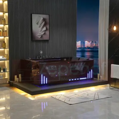 Wirujące dysze Czarna wanna z hydromasażem EB-7066 B prostokątna 180cmx120cmx59cm Wodospad LED x 2+Ambiente z podgrzewaczem+pilot