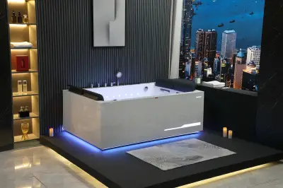 Wirujące dysze Wanna z hydromasażem EB-100 prostokątna 180cmx120cmx66cm Wodospad LED x 2+Ambiente z podgrzewaczem+pilot
