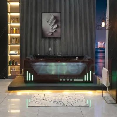 Wirujące dysze Czarna wanna z hydromasażem EB-7066 B prostokątna 180cmx120cmx59cm Wodospad LED x 2+Ambiente z podgrzewaczem+pilot