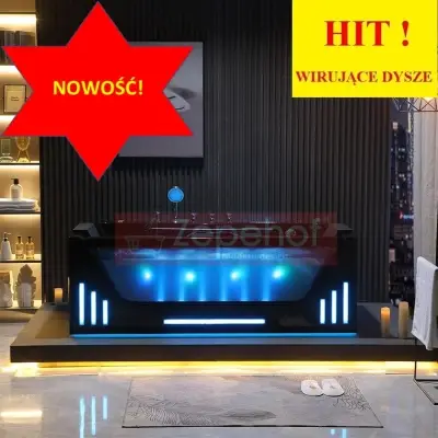 Obrotowe dysze czarna wanna z hydromasażem EB-7066 prostokątna 170cmx78cmx61cm Wodospad LED x 2+Ambiente z podgrzewaczem+pilot