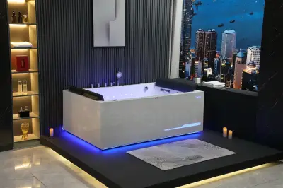 Wirujące dysze Wanna z hydromasażem EB-100 prostokątna 180cmx120cmx66cm Wodospad LED x 2+Ambiente z podgrzewaczem+pilot