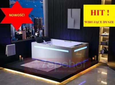 Wanna z hydromasażem EB-D873 PRAWA prostokątna 185cmx120cmx65cm 2 DYSZE OBROTOWE, MASAŻ KARKU, WODOSPADY, PILOT