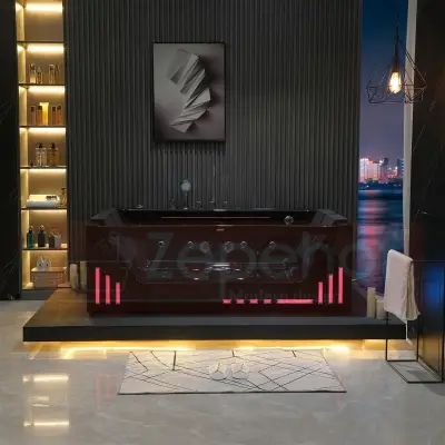 Wirujące dysze Czarna wanna z hydromasażem EB-7066 B prostokątna 180cmx120cmx59cm Wodospad LED x 2+Ambiente z podgrzewaczem+pilot