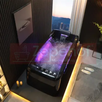 Czarna wanna z hydromasażem EB-D034 prostokątna 187cmx90cmx75cm Wodospad LED x 2+Ambiente z podgrzewaczem+pilot