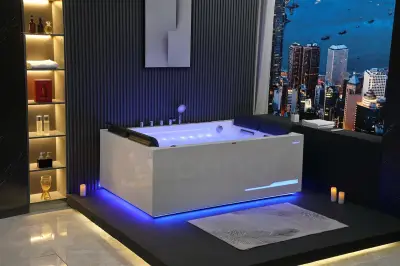 Wirujące dysze Wanna z hydromasażem EB-100 prostokątna 180cmx120cmx66cm Wodospad LED x 2+Ambiente z podgrzewaczem+pilot